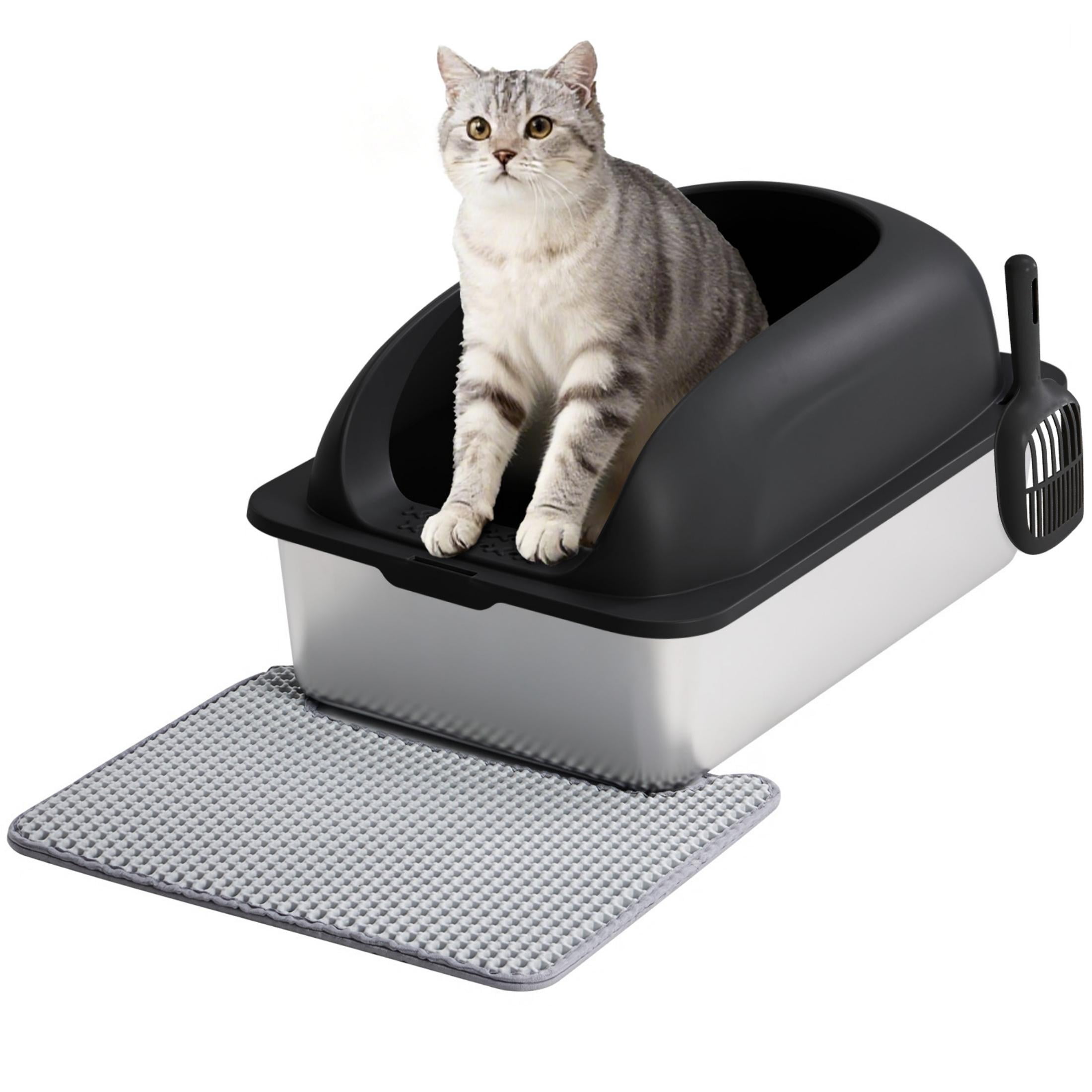 EDX Stainless Steel Cat Litter Box with Lid, XL Extra Large Cat Litter Box for Big Cats, High Wall Sides, Never Absorbs Odors, Anti-Urine Leakage, Easy Cleaning, Scoop and Mat Included, Black