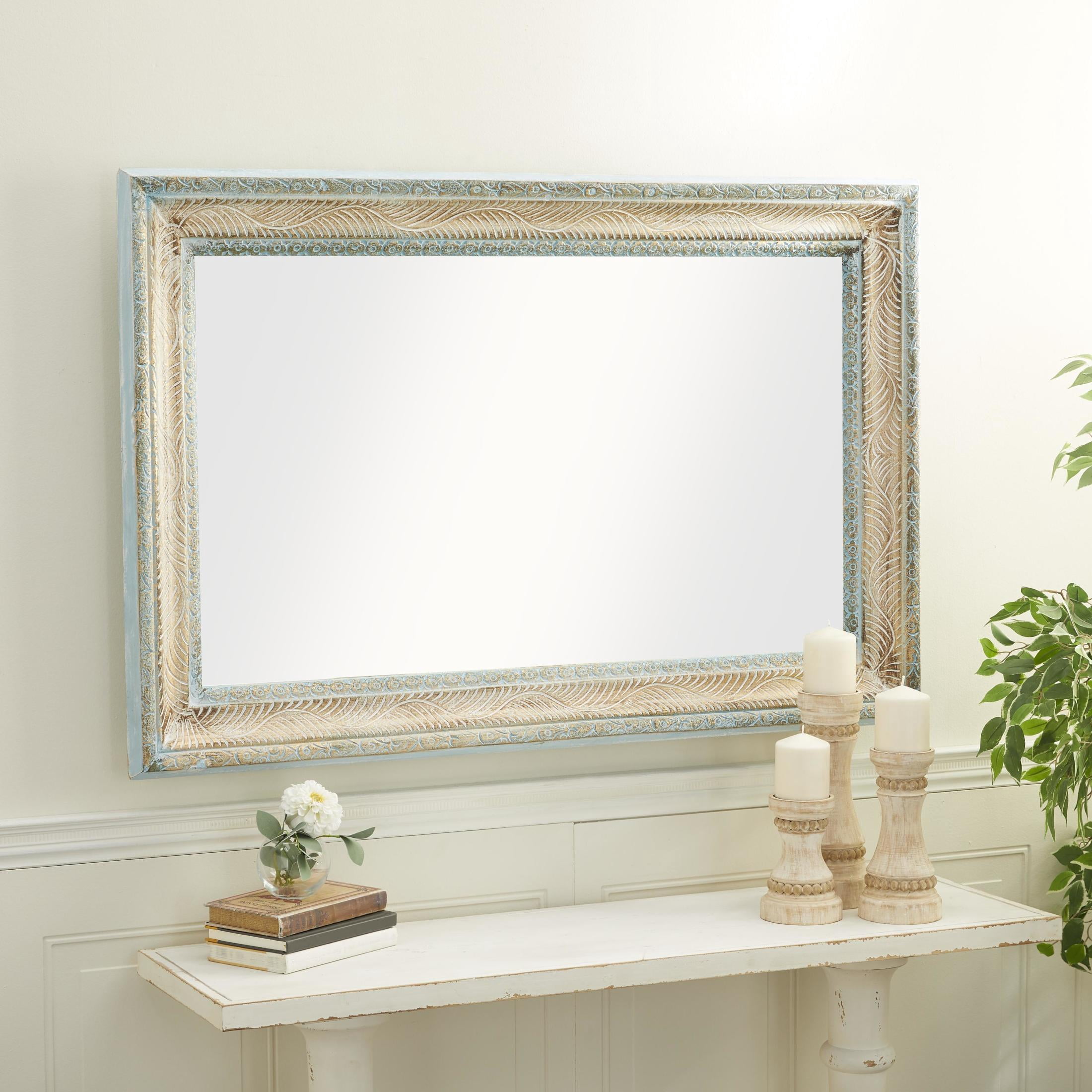 DecMode 32" x 48" Blue Carved Floral Wall Mirror