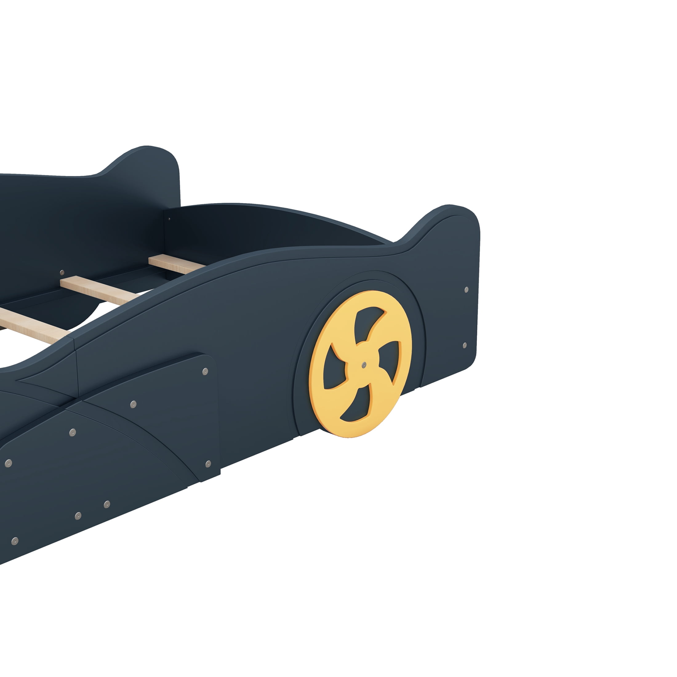 Newboti Furniture Twin Size Race Car-Shaped Platform Bed with Wheels and Storage, Dark Blue&Yellow NO.57366