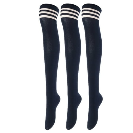 

Lovely Annie Big Girl s Women s 3 Pairs Incredible Durable Super Soft Unique Over Knee High Thigh High Cotton Socks Size 5-9 A1022(Navy)