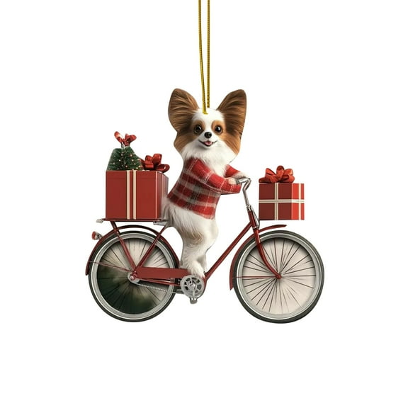 2D Acrylic Dog & Santa Christmas Ornaments with Bicycles and Gifts, Festive Pet - Themed Hanging Decor for Holiday Season - A