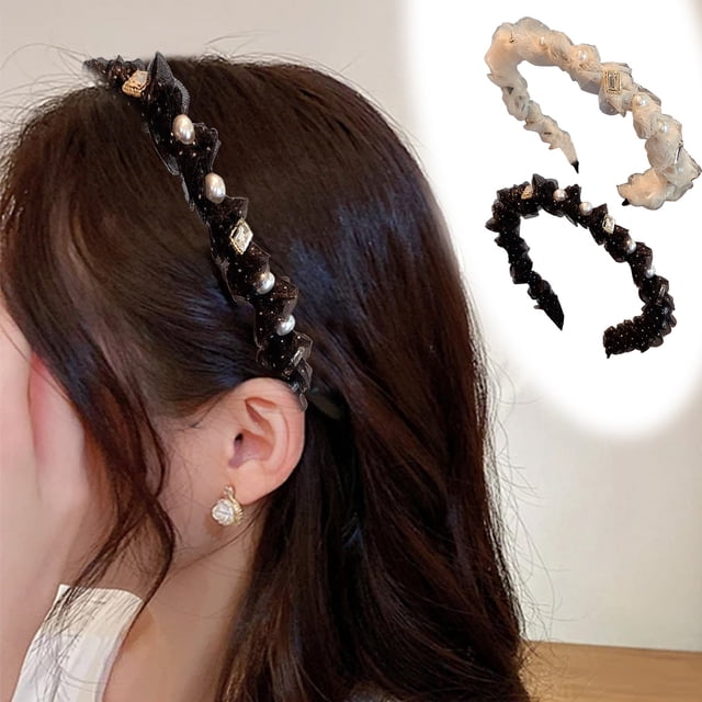 2024 Nueva diadema de perlas y seda para mujer - Elegante accesorio para el cabello de tela blanca para uso diario y fiestas - Diadema de moda ligera y cómoda con adornos de perlas 16x14cm /