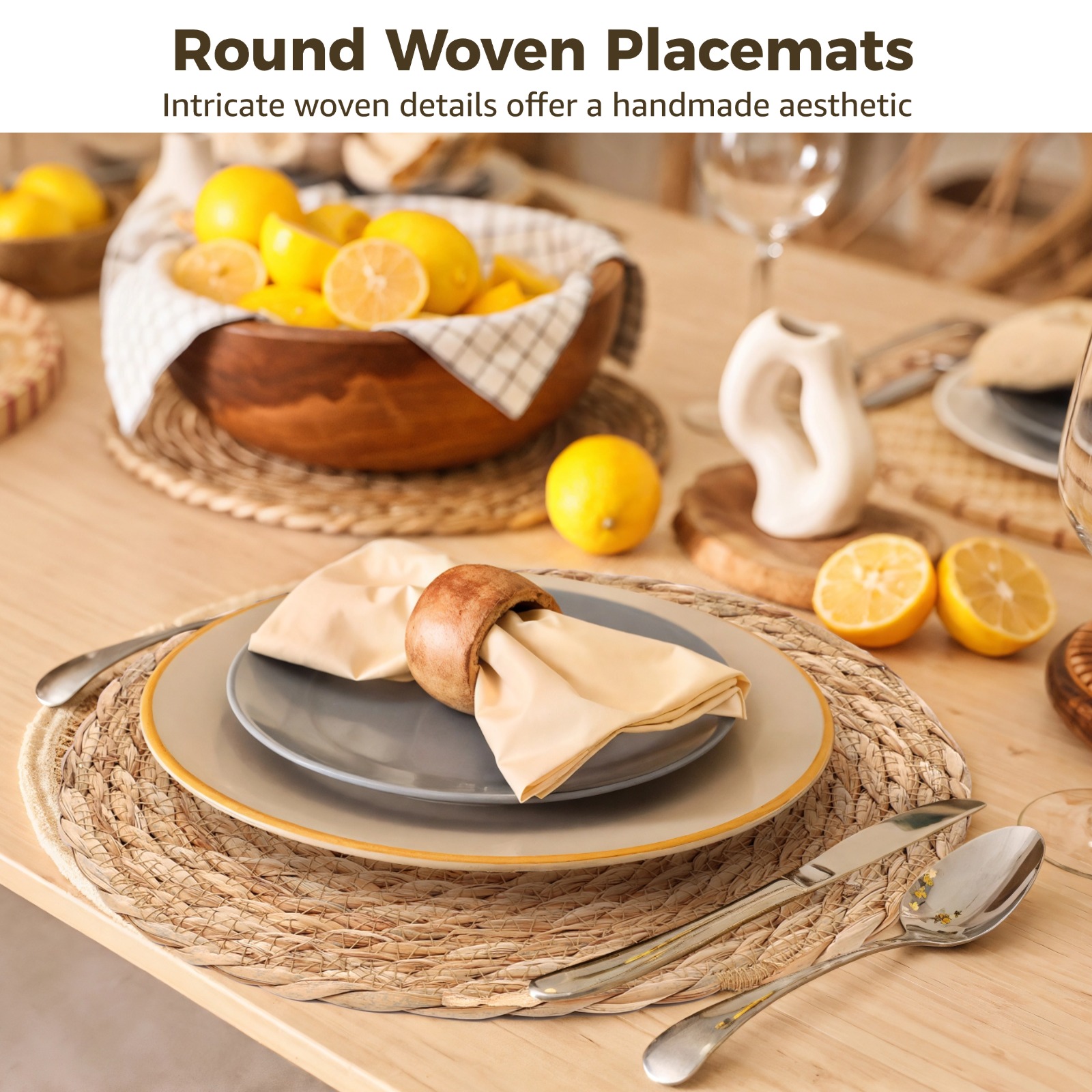 Round Placemats Set of 10, 12 in Diameter Woven Placemats, Natural Seagrass Color, Heat-proof Table Mats, Rustic Decor for Dining Tables Weddings