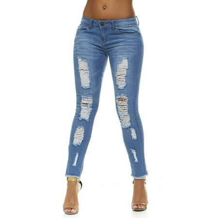 Ripped Large Hole Destroyed Frayed Hem Skinny Slim Fit Stretch Jeans For Women 3 Colors (Best Jeans For Muffin Top 2019)