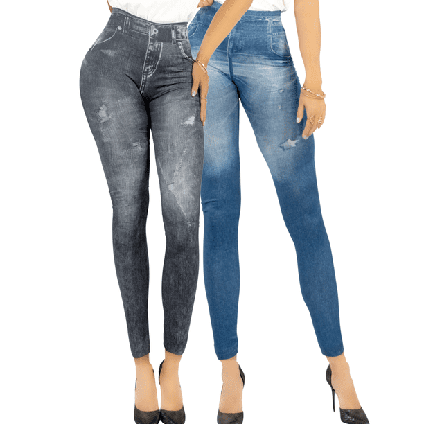 Pack de 2 Leggins Mujer Unitalla Mezclilla Faja Alta Estilo Pantalón Mezclilla Jegging Tiro Alto, Mallon licra Cómodos Elásticos