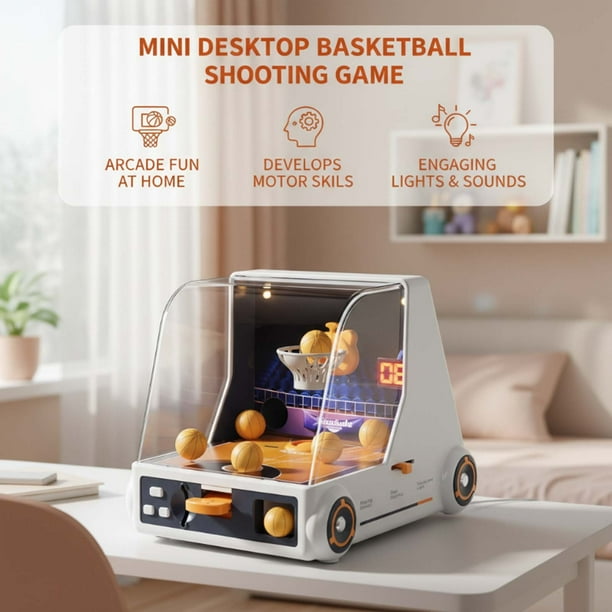 Minijuego arcade de baloncesto de escritorio con luces y sonidos | Puntuación automática y temporizador | Juego con monedas | Incluye 10 pelotas y 12 fichas | Divertidos deportes de mesa para niños