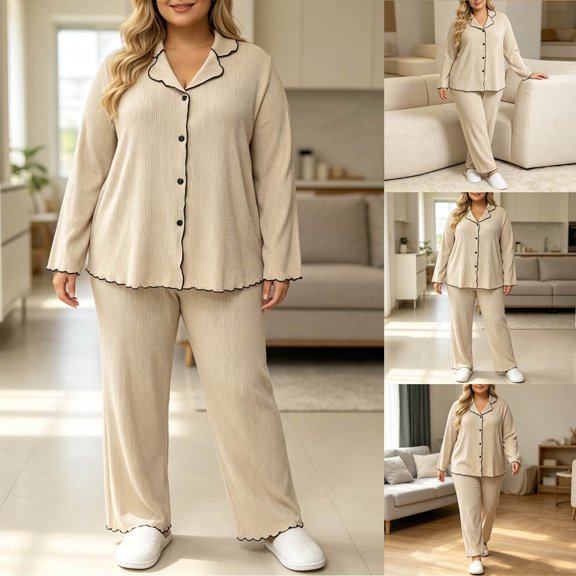 Taqqpue Plus Size Women Ribbed Pajama Sets 2 Piece Pjs Lapel Button Long Sleeve Top with Long Pants Knit Fabric Sleepwear Soft Loungewear Curvy Ladies Home Wear Casual Nightwear