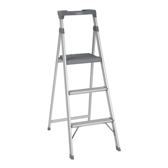 Cosco Lite Solutions 3-step Step Stool, 9ft 3in Max Reach (Aluminum and Gray, 1 Pack)