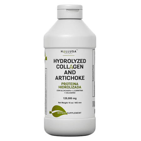 Hallusa Natural Alcachofa Liquida Mas Colageno Hidrolizado, Liquid Artichoke Hydrolyzed Collagen Supplement for Women and Men - 8 Servings - 16oz