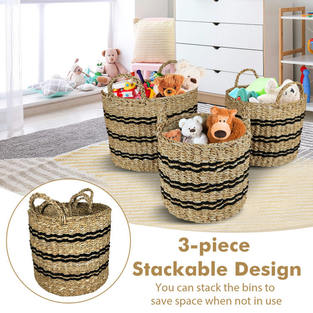 Finihen Laundry Hamper, Laundry Basket, Seagrass Basket Set of 3 Stackable Storage Bins with Handles Woven Round Basket-S, for Bathroom, Laundry Room, Natural Finihen Laundry Hamper, Laundry Basket, Seagrass Basket Set of 3 Stackable Storage Bins with Handles Woven Round Basket-S, for Bathroom, Laundry Room, Natural