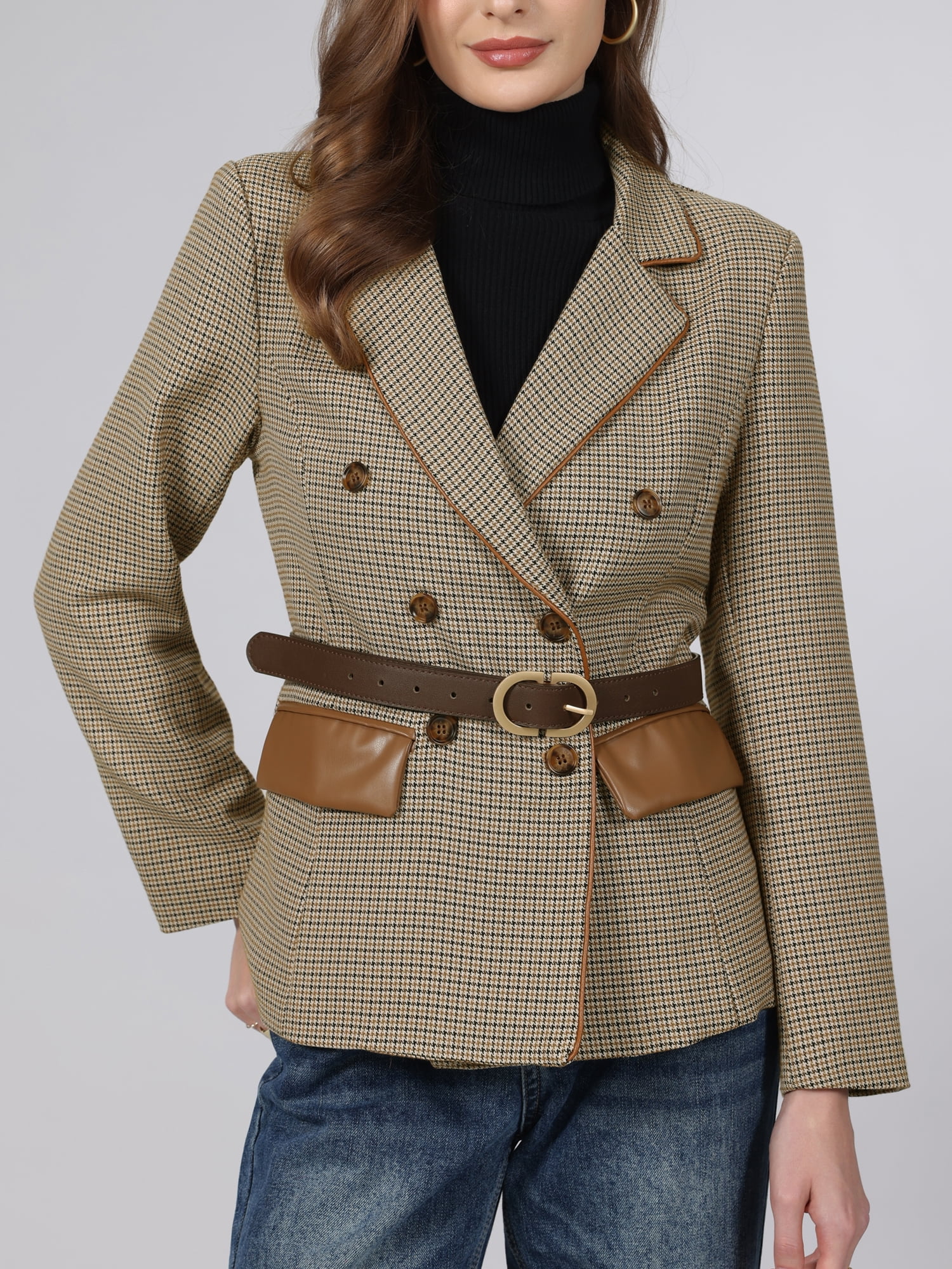 DARING DIVA Women's Plaid Blazer Houndstooth Double Breasted Jacket 2XL Light Brown
