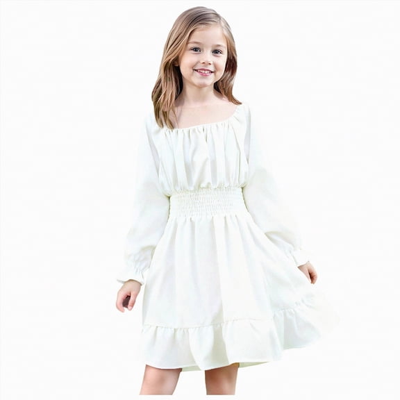 mgoYE Flower Girl Dress Girls Dress Long Sleeve Square Neck Mini Dress Ruched Waist A Line Casual Special Party Dresses(White,13-14 Years)