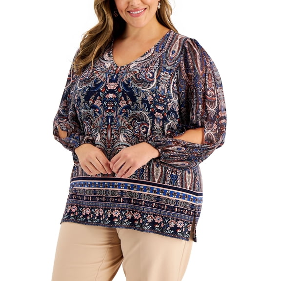 JM Collection Plus Size Paisley Print Split Sleeve Top Intrepid Blue Combo 3X