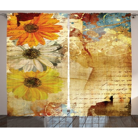 Grunge Home Decor Curtains 2 Panels Set Flowers And Lettering