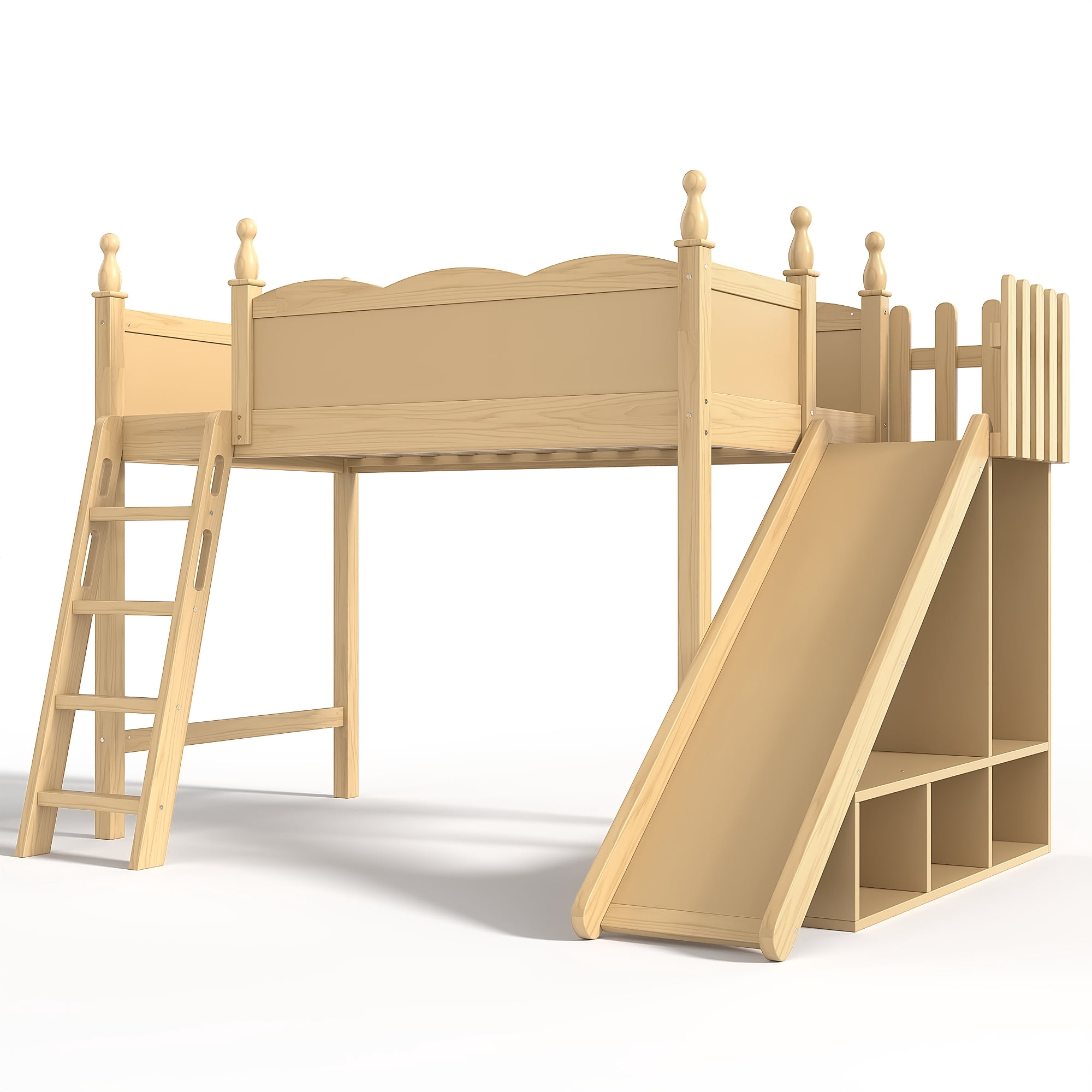 Leumius Twin Loft Bed Frame with Storage Shelves and Wardrobe, Solid Wood Loft Bed with Detachable Slide and Ladders for Kids Teens Adults Natural