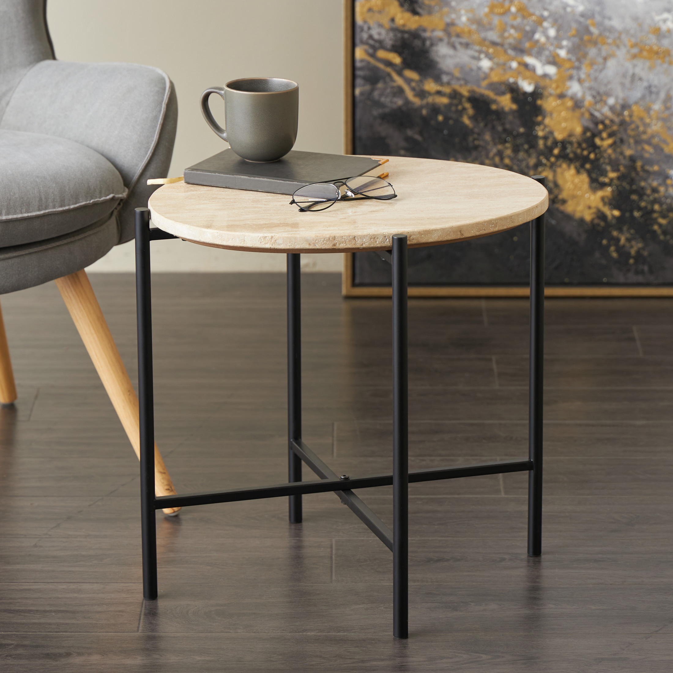 DecMode 19" x 20" Beige Marble Accent Table with Black Metal Support, 1-Piece