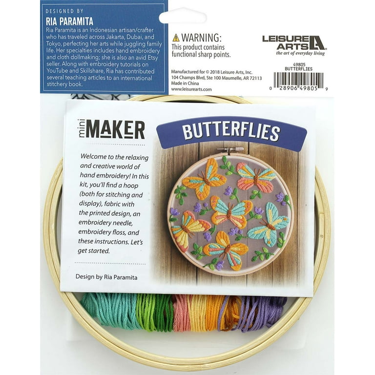 Leisure Arts Embroidery Kit 6 Butterfly - embroidery kit for beginners -  embroidery kit for adults - cross stitch kits - cross stitch kits for  beginners - embroidery patterns 