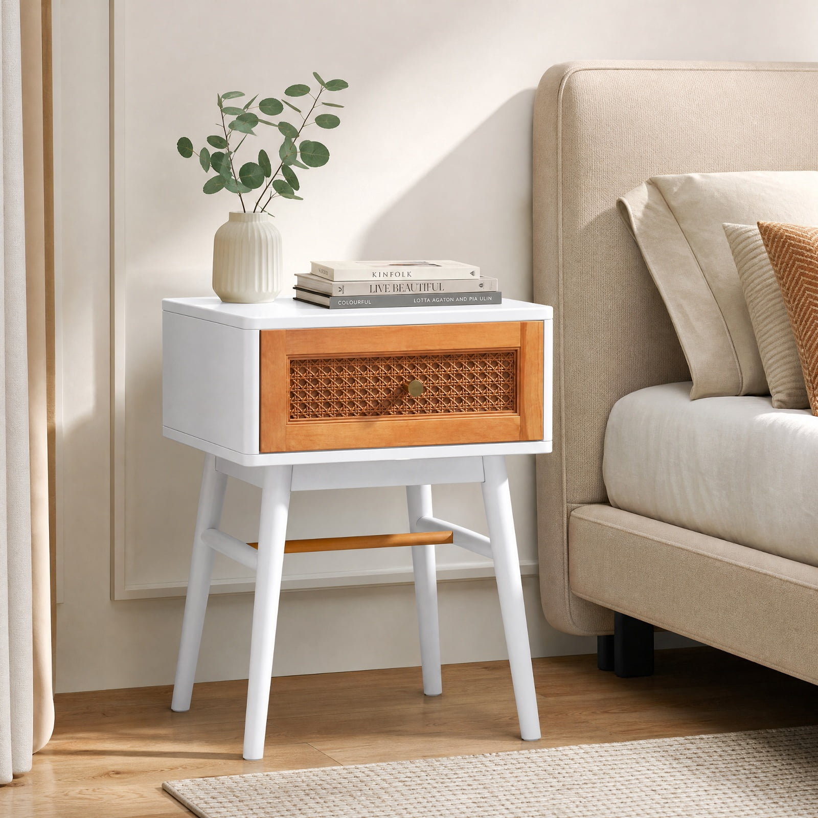 Furnibear 1-Drawer Modern Bedside Table with Solid Wood Legs for Bedroom Living Room Bedside Sofa Side Small Space, White