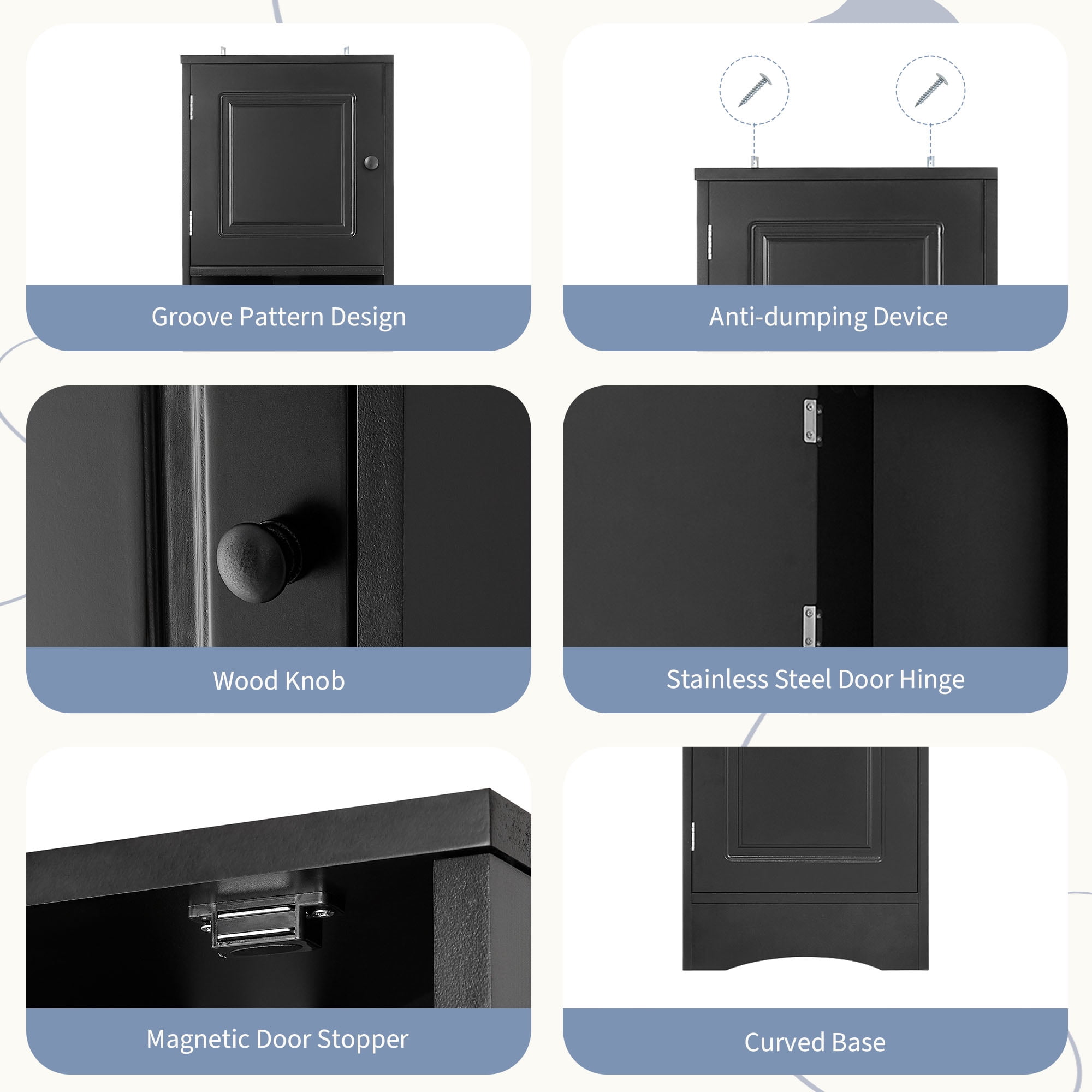 Leumius Multi-Functional Corner Bathroom Storage Cabinet with Two Doors, Adjustable Shelves, Open Shelf, Triangle Space-Saving Design, Black Finish