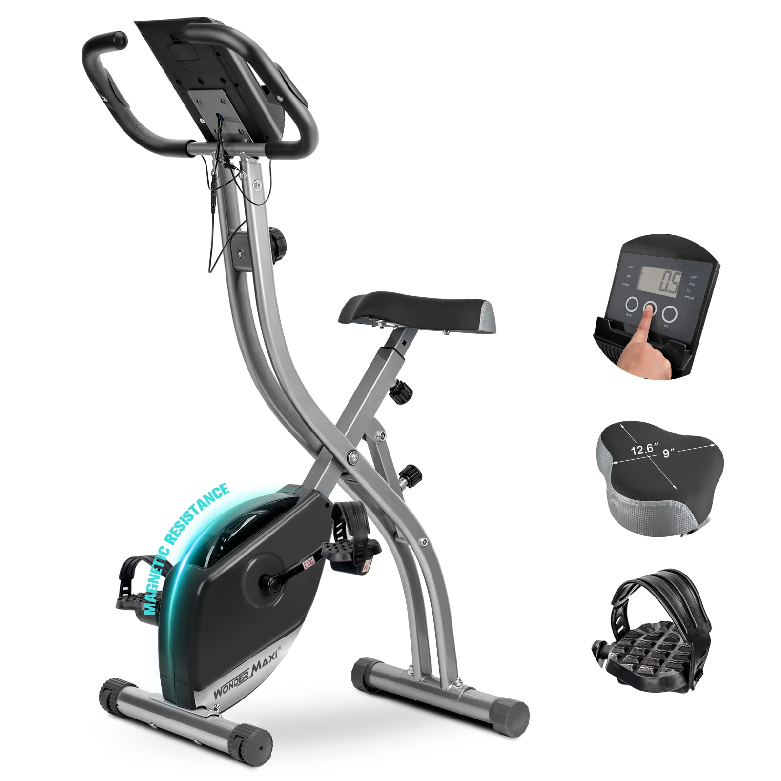 Fitnessclub Folding Exercise Bike Magnetic Resistance Indoor Upright Ultra-Quiet Bicycle Stationary with Heart Rate,LCD Monitor,Cup Holder,Elastic Rope & Phone Mount for Home Cardio Workout Training 