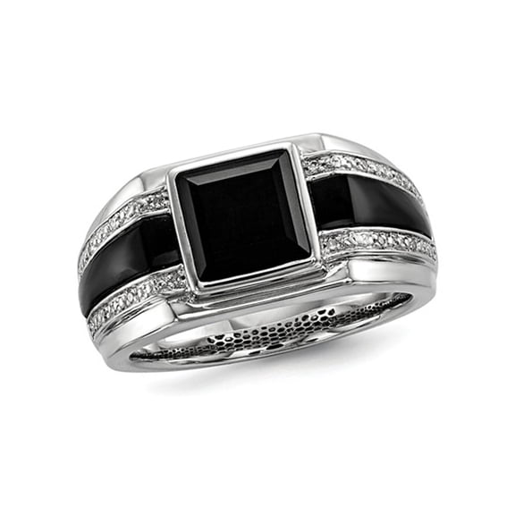 Mens Black Onyx Ring with Accent Diamonds in Black Rhodium Plated Sterling Silver for Men