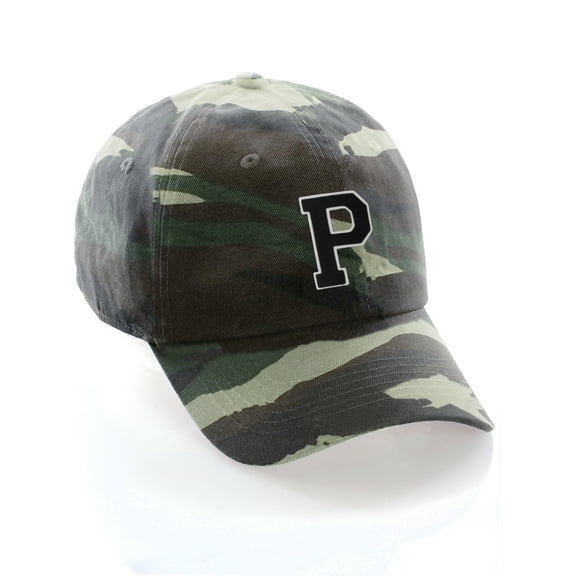 Customized Letter Intial Baseball Hat A to Z Team Colors, Camo Cap White Black Letter P