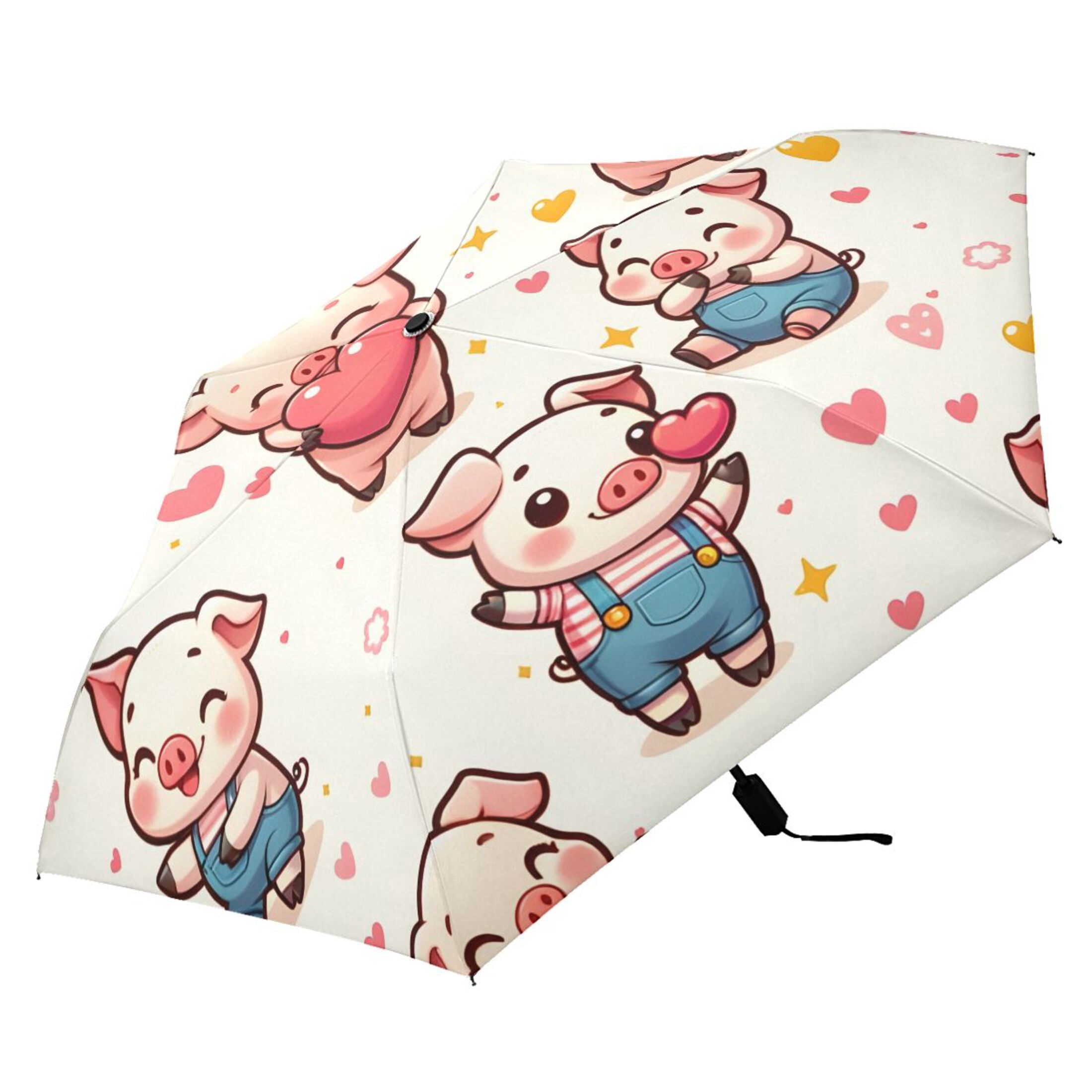 Cute Pig with Heart Compact Sun Umbrella Windproof Travel Umbrellas for Rain Strong Portable UV Protection