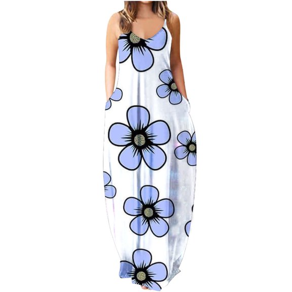 Ichuanyi Woman Dress, Summer Women Fashion Sling Mid-waist V-neck Sleeveless Stripe Floral Printing Slim Beach Long Dress