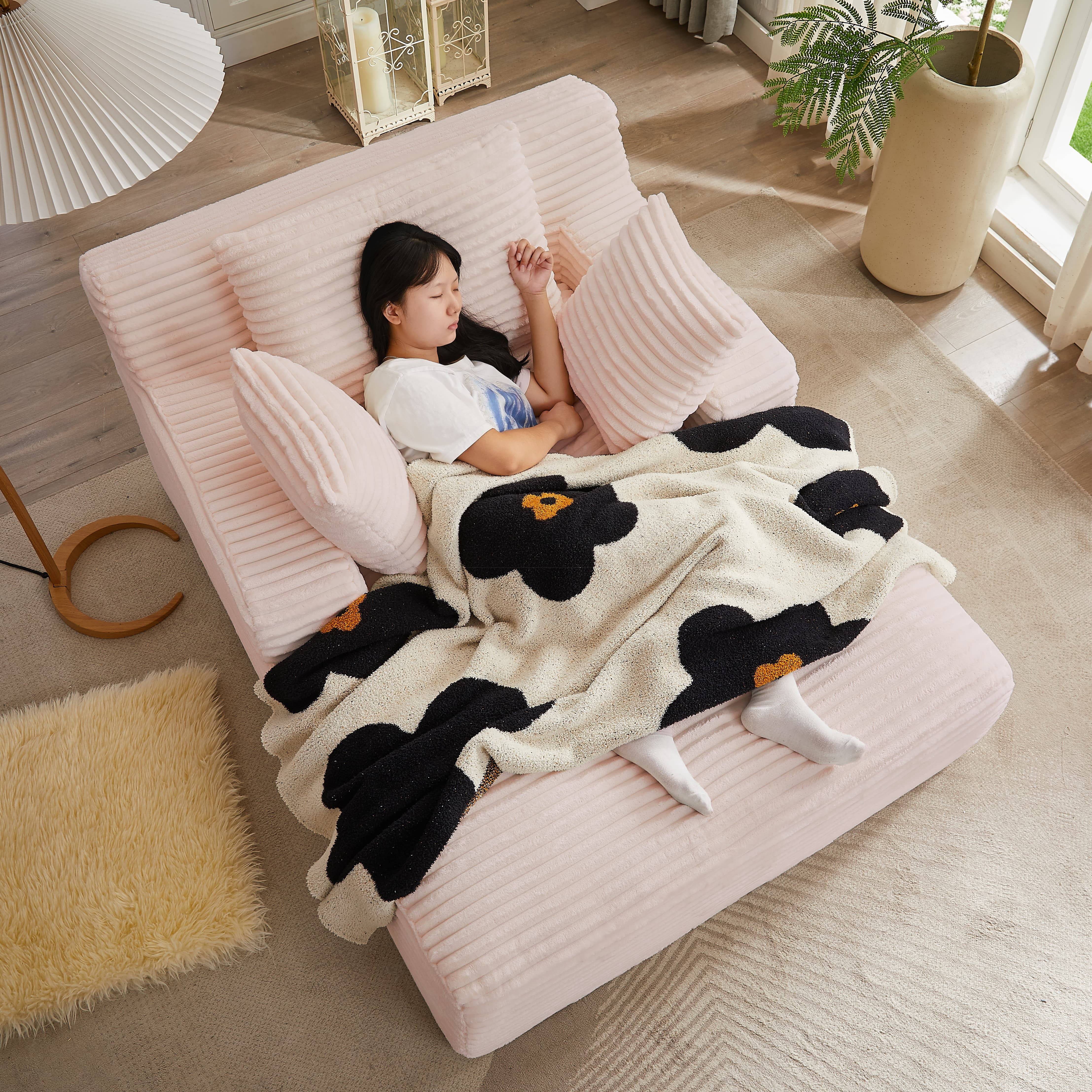 MAYEERTY Oversized Corduroy Chaise Lounge Sofa, Modern Couch with Spring Cushion for Living Room, 49*66*28"Pink