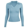 thumbnail image 5 of UJNDER Women's Long Sleeve V Neck Slim Fit Tops for Women Casual Basic Pleated Top T Shirt Comfortable Light Blue S, 5 of 6