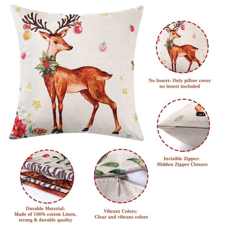 Merry Christmas Throw Pillows 18x18 Beige Winter Holiday Decor Throw  Pillows Covers Deer Garland Pattern for Sofa Couch Chair, 4 Pack 