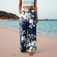 thumbnail image 4 of felwors Women Summer Boho Palazzo Pants High Waist Wide Leg Floral Casual Cotton Lounge Trousers with Pockets Navy, L, 4 of 7