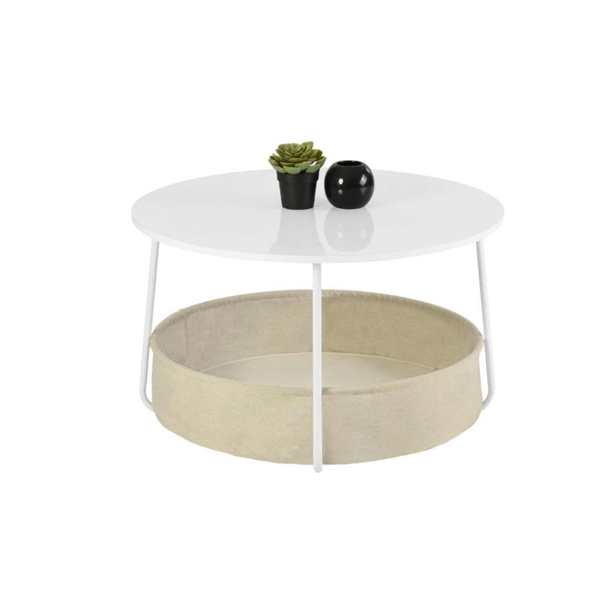 BSHTI 30" Round Coffee Table with Fabric Storage Basket – Space-Saving End Table for Living Room, Bedside Nightstand, Matte White & Beige