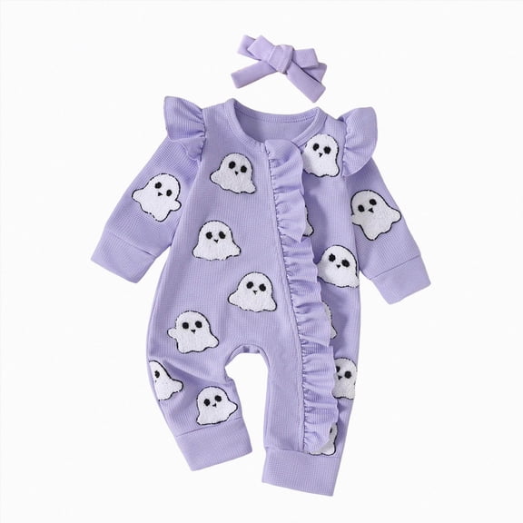 mgoYE My First Halloween Baby Girl Outfit Newborn Pumpkin Ghost Footie Jumpsuit Ruffle Romper Cute Baby Fall Clothes(Purple,3-6 Months)