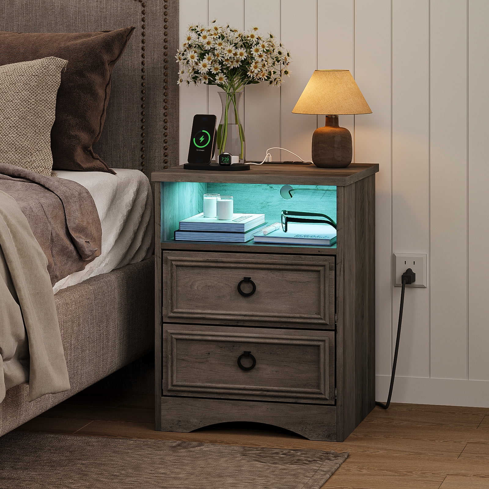 Holliwill Nightstand Set of 2 with Outlets & USB Ports & LED Lights, Modern Farmhouse Bedside Tables with 2 Drawer, Bed Side Tables End Table for Bedroom, Living Room, Gray
