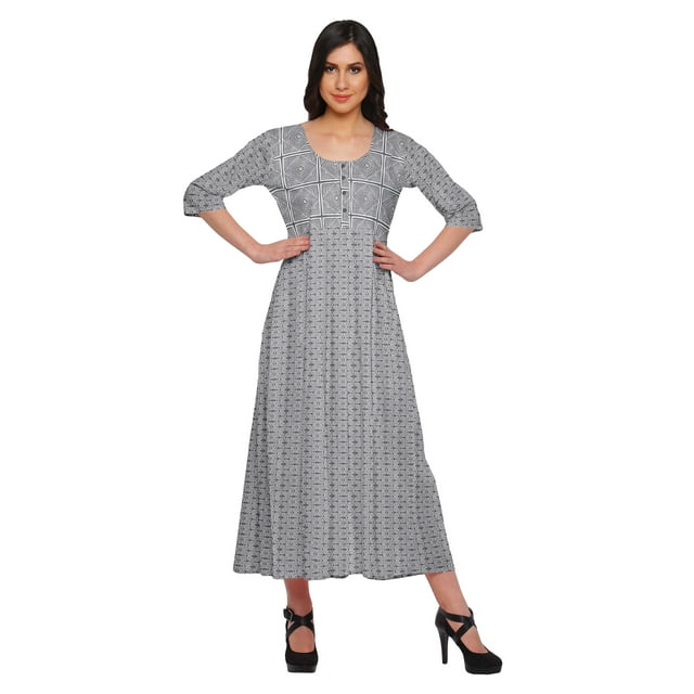 Moomaya Haut Indien Imprimé Robe Kurti Longue Tunique à Manches 3/4 Robes pour Femmes