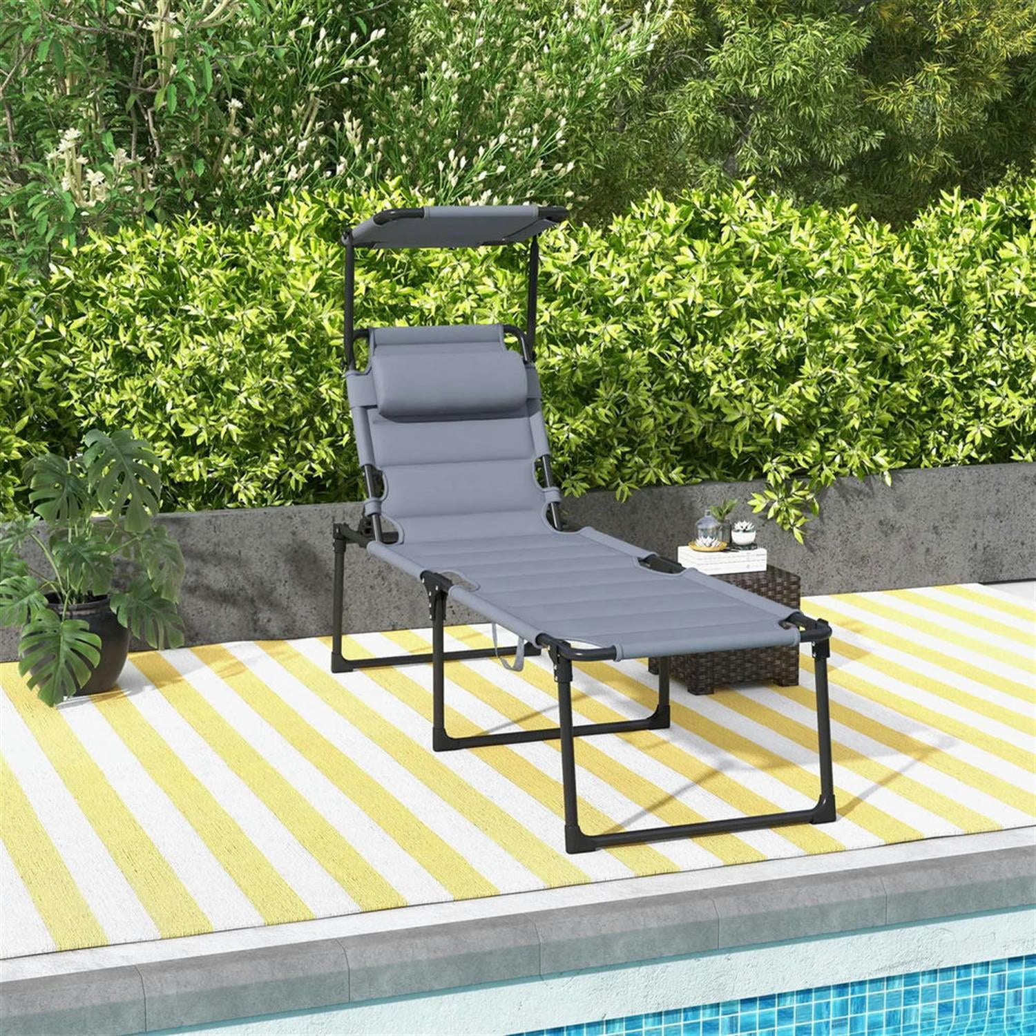 Demi Bonn Outdoor Folding Lounger with 4-Position Reclining, Pillow & Sun Canopy for Relaxing Patio, Deck, Comfortable Sun Protection Seating, Gray