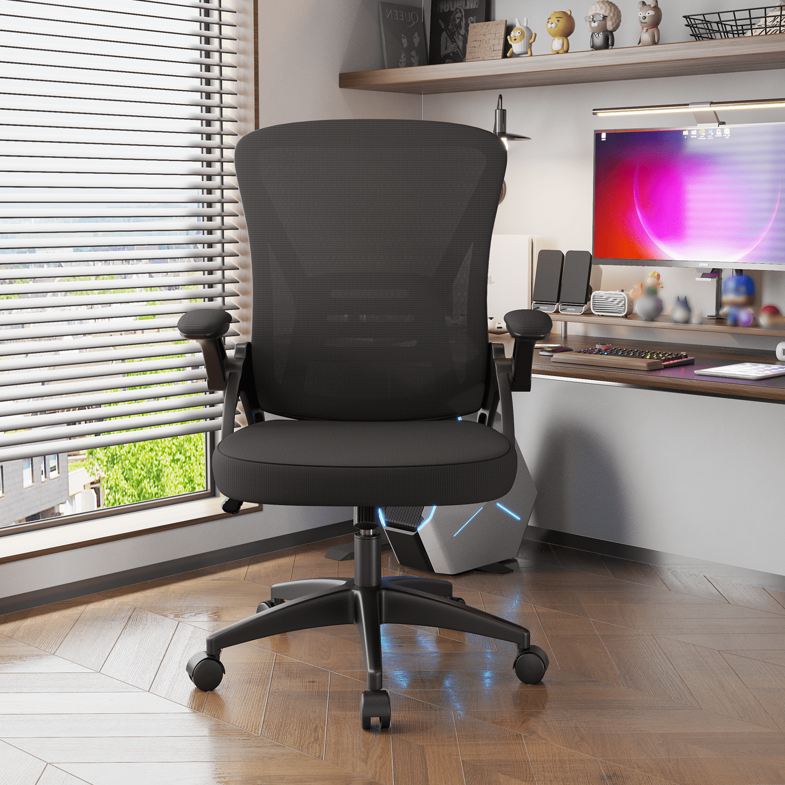 Bigzzia Ergonomic Office Chair, Mid-Back, Adjustable Height, Flip-Up Arms and Lumbar Support, Black