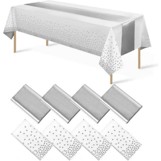 1 Pack Plastic Table Cloth Cover + 1 Pack Satin Table Runner for Parties Disposable Tablecloth for Rectangle Tables Birthday Wedding Graduation Mather Valentine‘s Day Christmas Party Su
