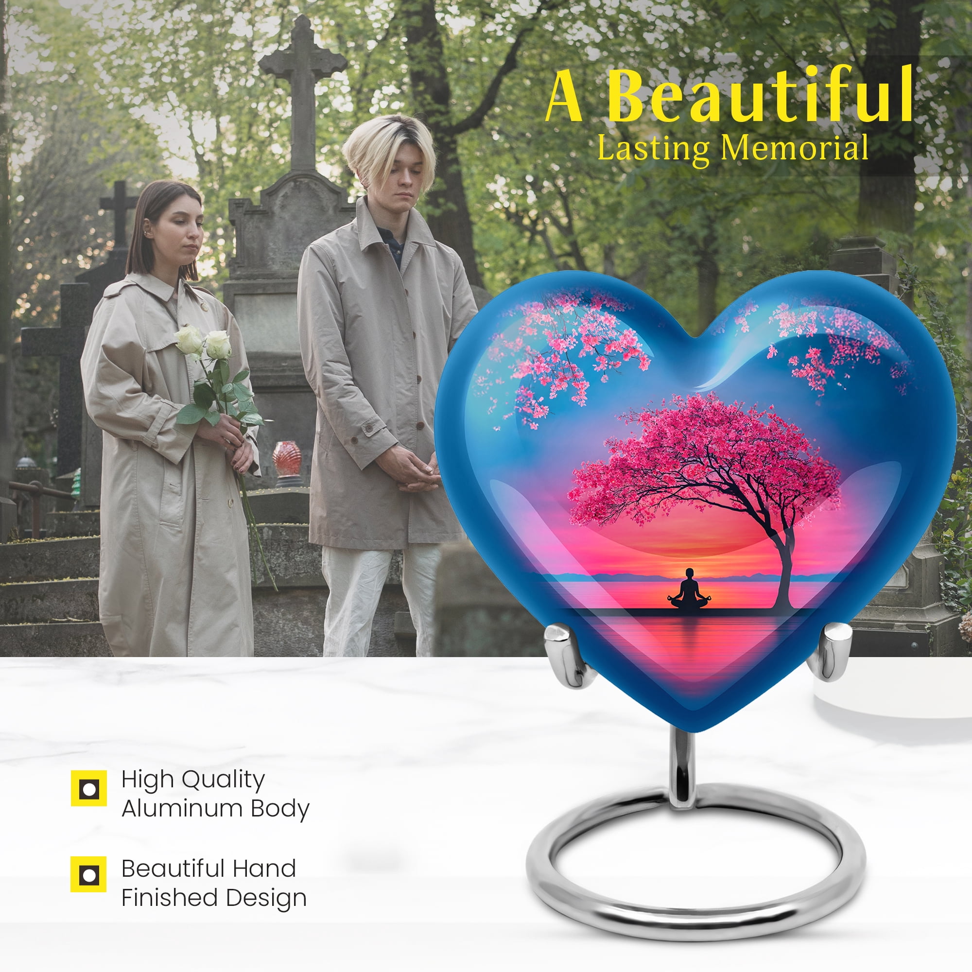 MUKTIVE Cherry Blossom Funeral Urns for Human Ashes, Adult Urn for Ashes Male & Female, Sunrise Heart Urns for Dad and Mom, Large Blue Urn for Couple Cremation, 8 Inch