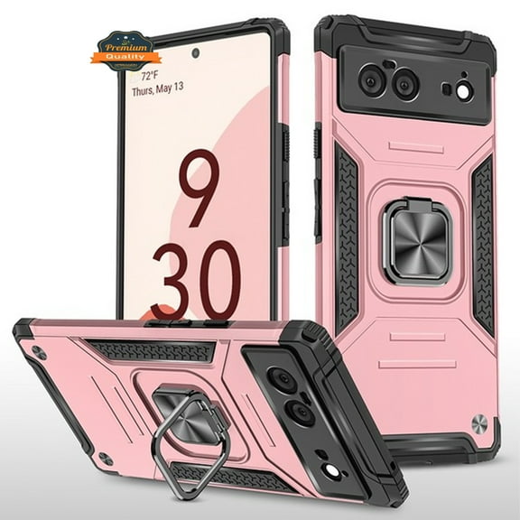 For Google Pixel 6 Pro Hybrid Dual Layer TPU and Hard PC Anti-Slip Full-Body Rugged with Ring Stand Magnetic Kickstand Phone Case Cover by Xpression [Rose Gold]