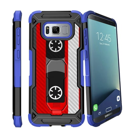 Case for Samsung Galaxy S8 Plus Version [ UFO Defense Case ][Galaxy S8 PLUS SM-G955][Blue Silicone] Carbon Fiber Texture Case with Holster + Stand Unique