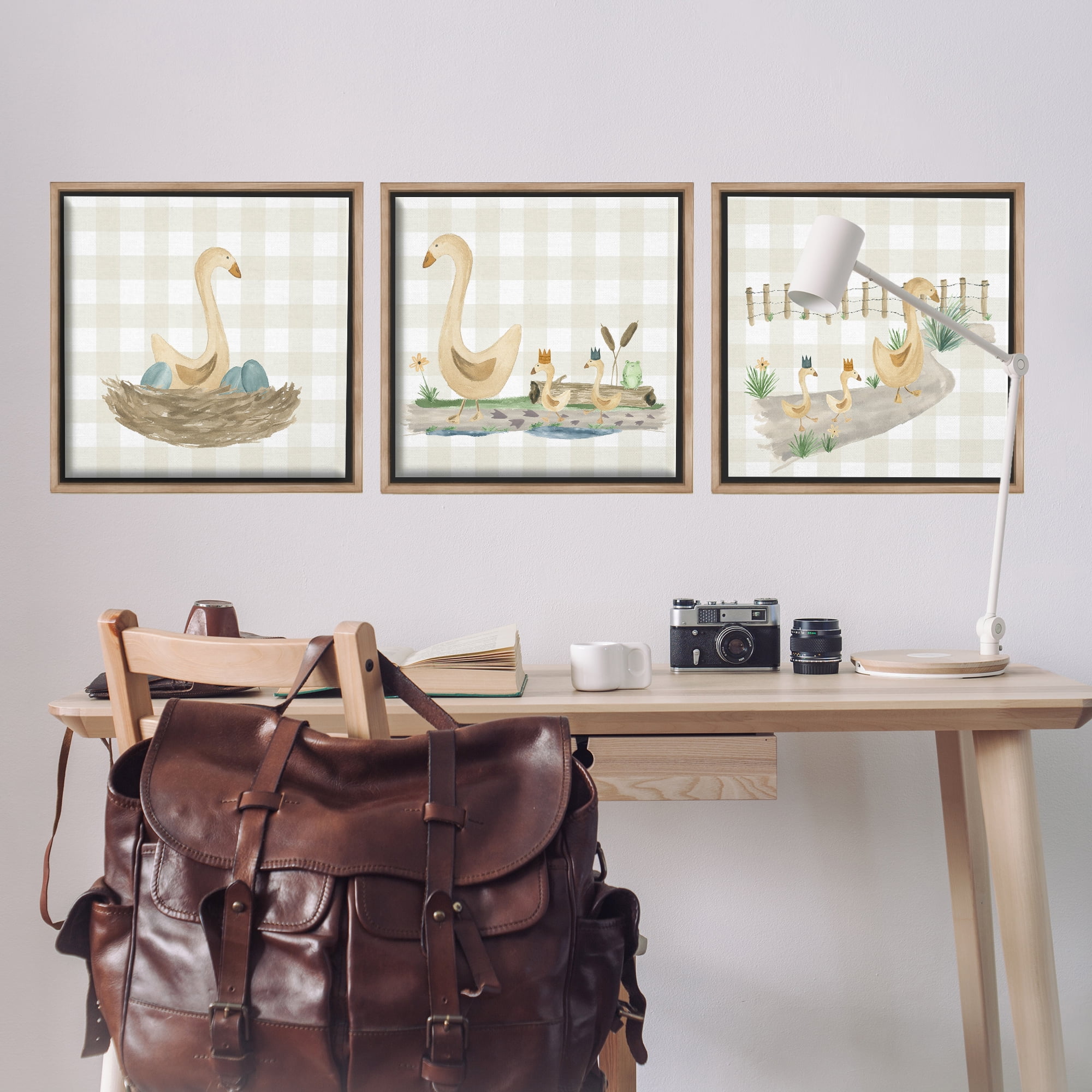 Stupell Industries Mama Goose & Ducklings Animals Painting Brown Floater Framed Canvas Art Print Wall Art, 25 x 25, Set of 3