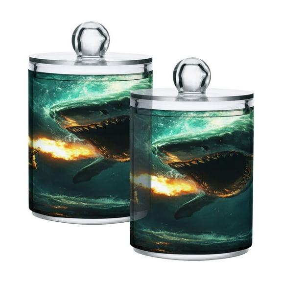 2 Pack Bathroom Canisters Transparent Storage Jar for Cotton Ball, Swab, Floss Man Fighting Shark