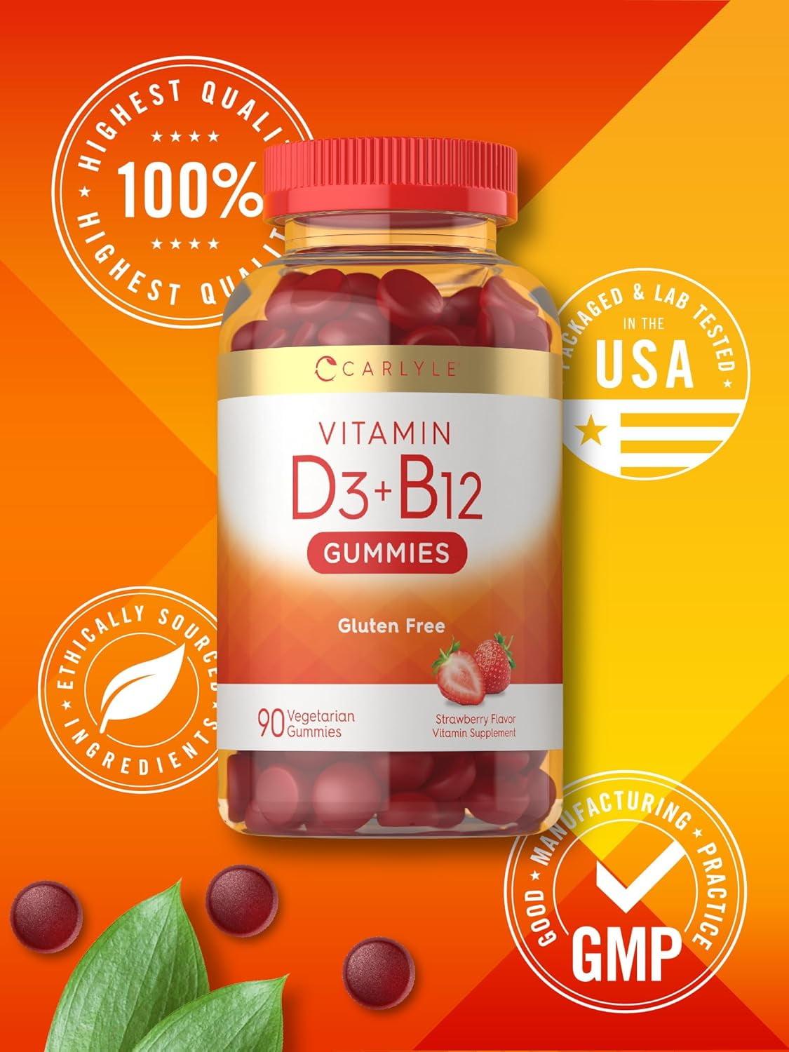 Vitamin D3 + B12 Complex | 90 Vegetarian Gummies | Strawberry Flavor | by Carlyle
