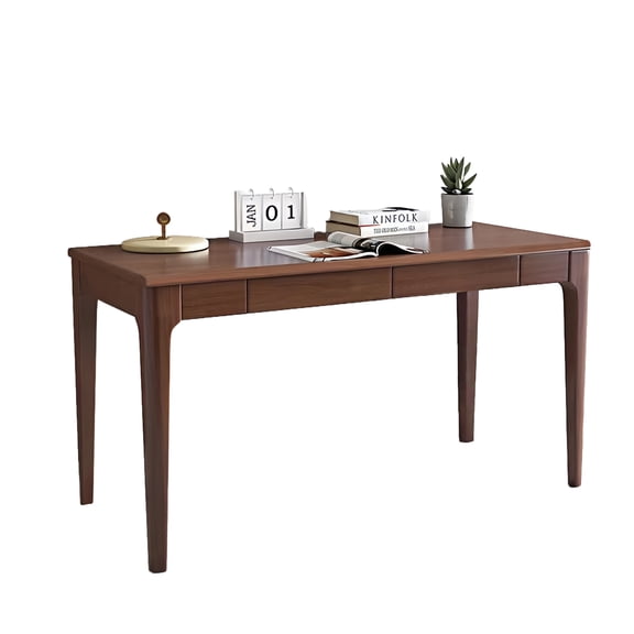 Solid Wood Desk with Drawers, Mid Century Modern Writing Desk for Small Spaces, Home Office Desk, Walnut (Double drawers), 47.24" x 21.65" x 29.53"