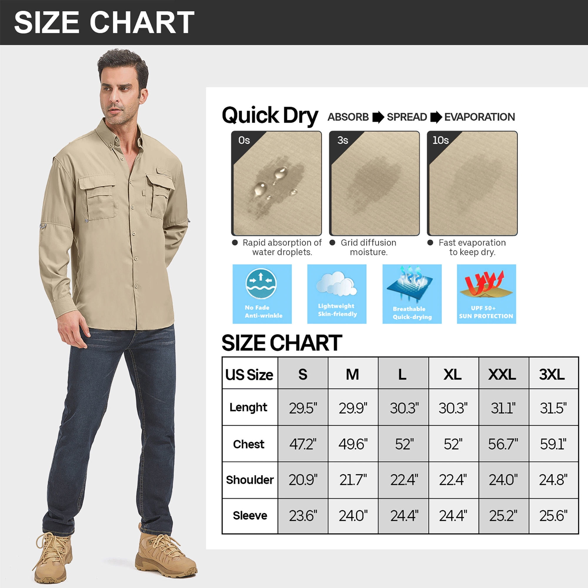 POENTAB Long Sleeve Fishing Shirts for Men Quick Dry Hiking Work Shirt Sun Protection UV UPF 50 Button Down Tops With Mesh Line Outdoor Safari