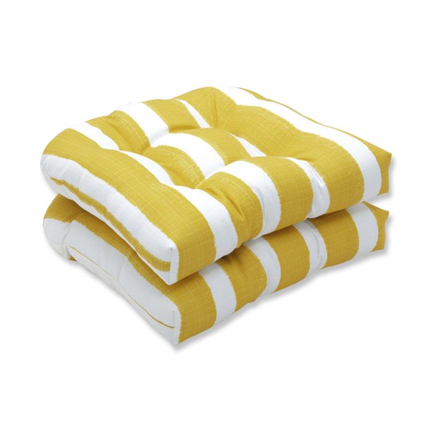 Set of 2 Yellow and White Striped UV Resistant Tufted Wicker Seat