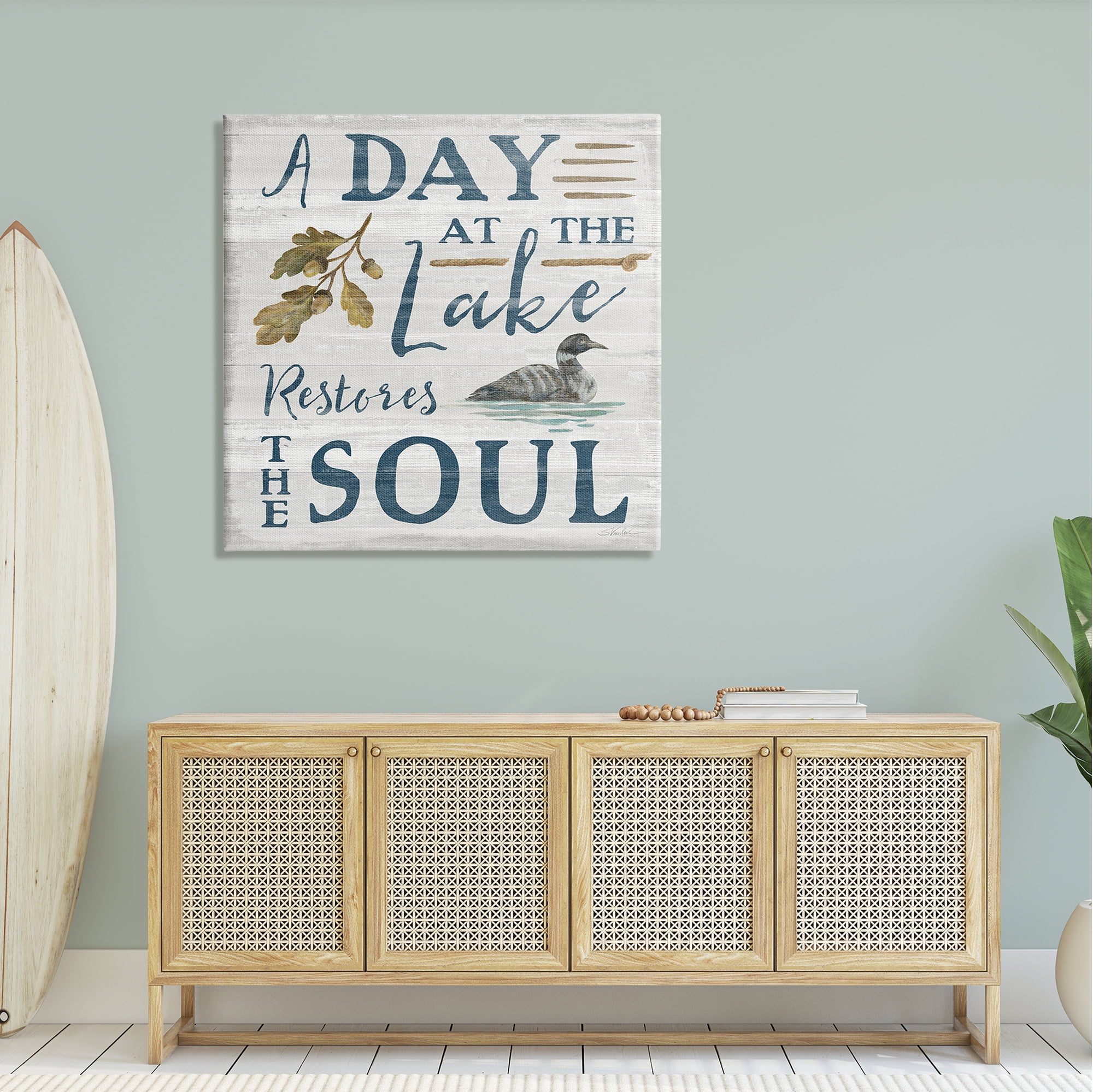 Stupell Industries Day At Lake Restores Soul Rustic Quote Grain Pattern Graphic Art Gallery-Wrapped Canvas Print Wall Art, 36x36, by Silvia Vassileva