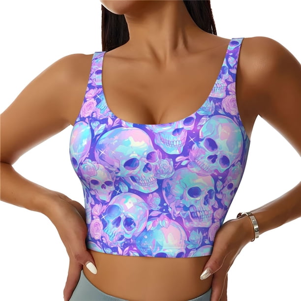 Fotbe Blue Skull Daisy Sujetador Deportivo Largo sin Aros para Mujer con Almohadillas y Soporte Medio, Transpirable y Absorbente, Camiseta Tipo Chaleco o Tank Top-Small